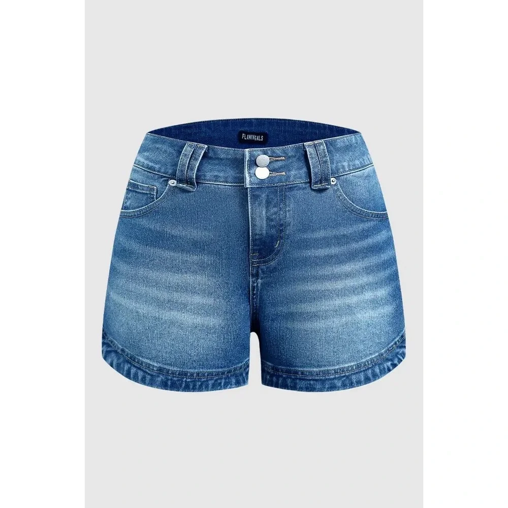 Flamingals Wash Split Studded Mid Waist Denim Shorts Blue XS 273132 XC